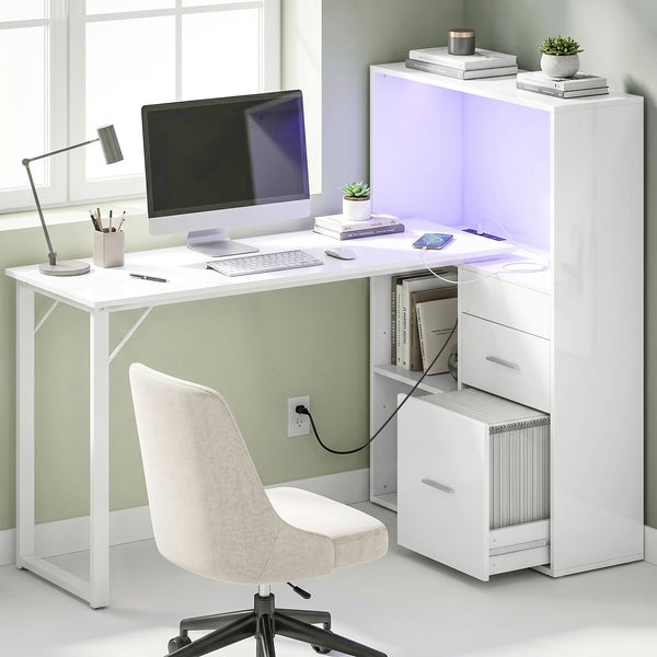 Bureau d'ordinateur 54" avec tiroirs et rangement, prises électriques et éclairage LED, blanc