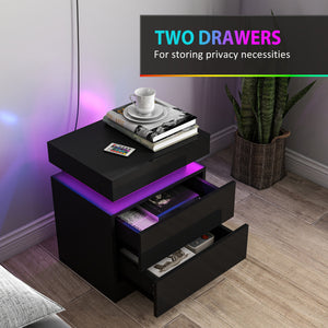 Set of 2 bedside tables with LED lighting and 2 drawers, black.