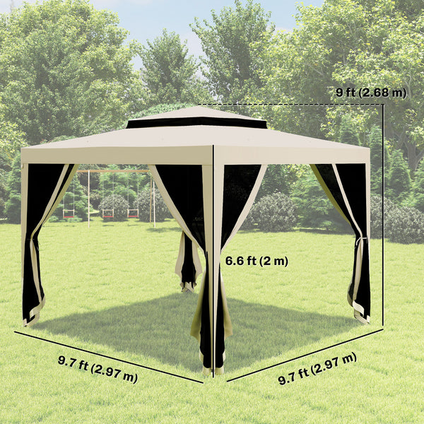 10' x 10' Outdoor Canopy Tent Party Tent with Mesh Netting and Double Tier Roof for Backyard, Garden, Patio, Beige
