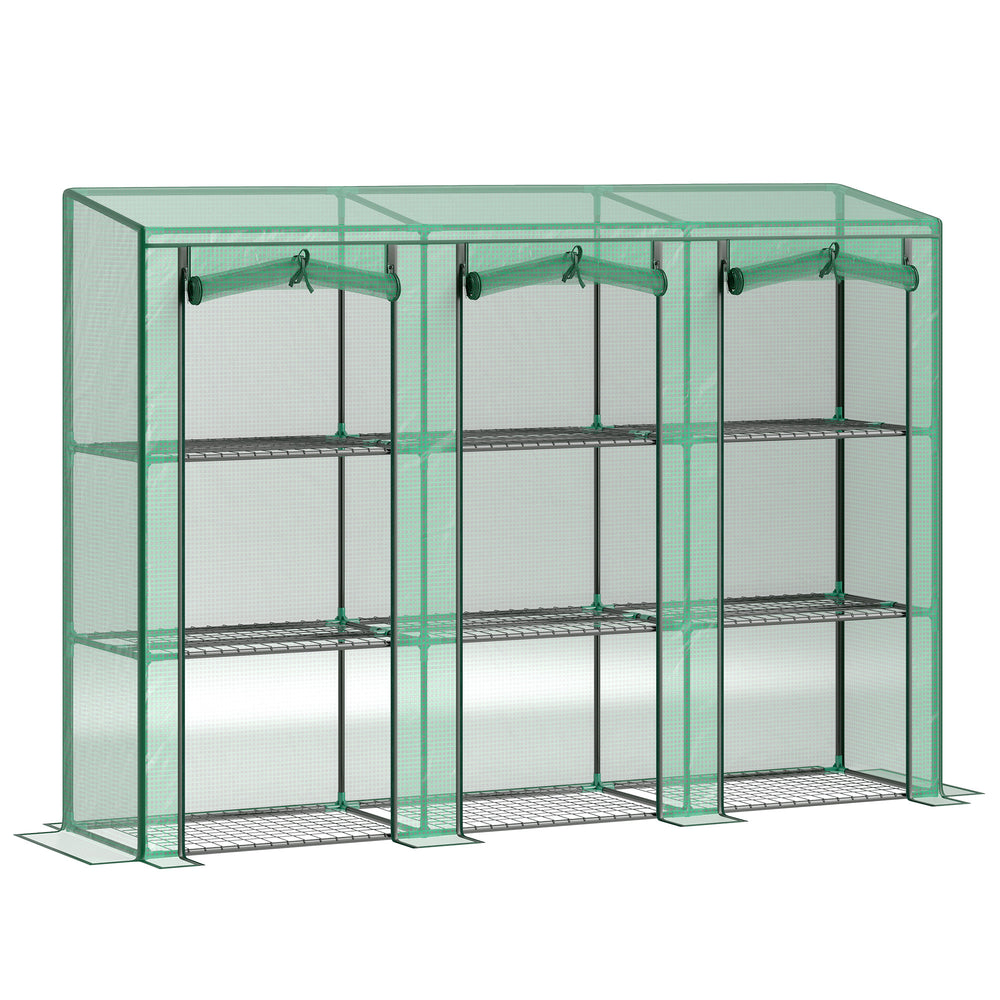 Lean-to greenhouse with 3 tiered shelves and 3 roll-up doors