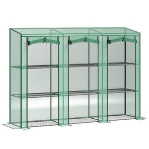 Lean-to greenhouse with 3 tiered shelves and 3 roll-up doors