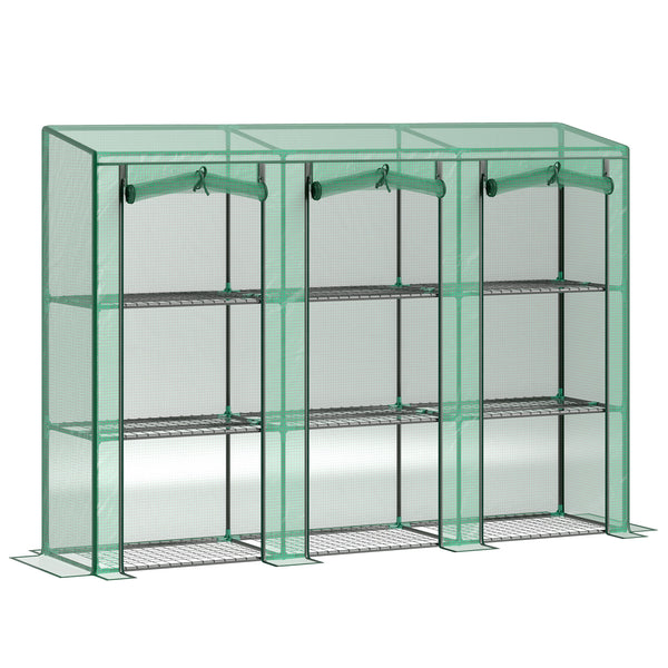 Lean-to greenhouse with 3 tiered shelves and 3 roll-up doors