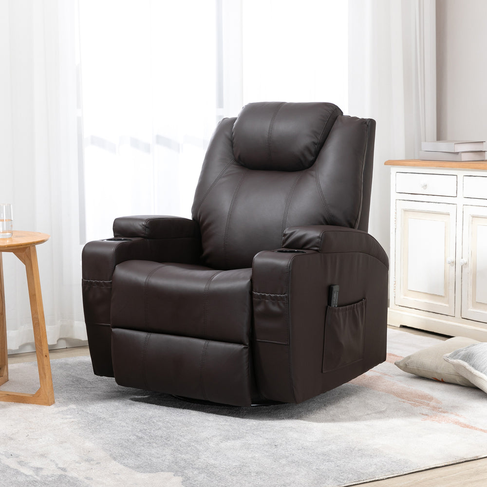 Fauteuil massant inclinable à bascule pivotant avec 8 points de vibration, marron