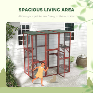 Wooden cat enclosure with 6 balanced platforms and asphalt roof, wine red