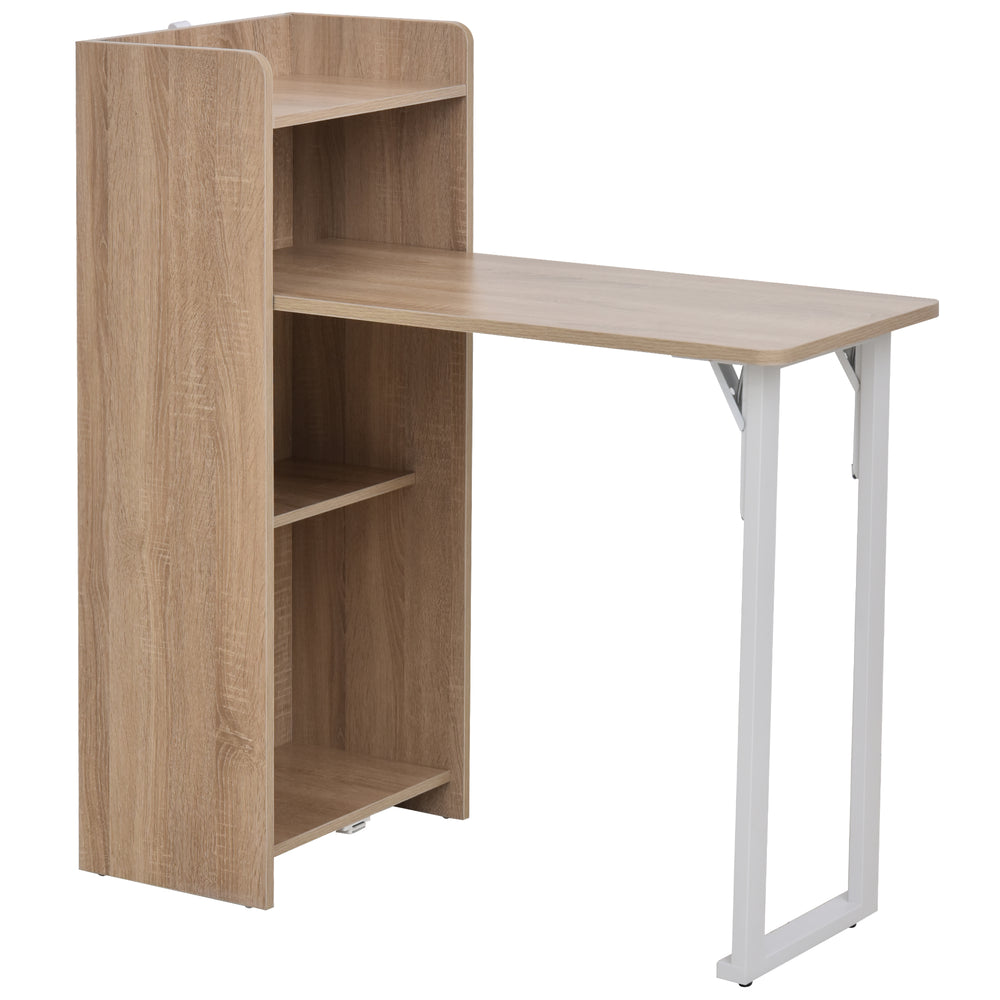 2-in-1 Folding Table with 4-Tier Shelf for Small Spaces, Oak