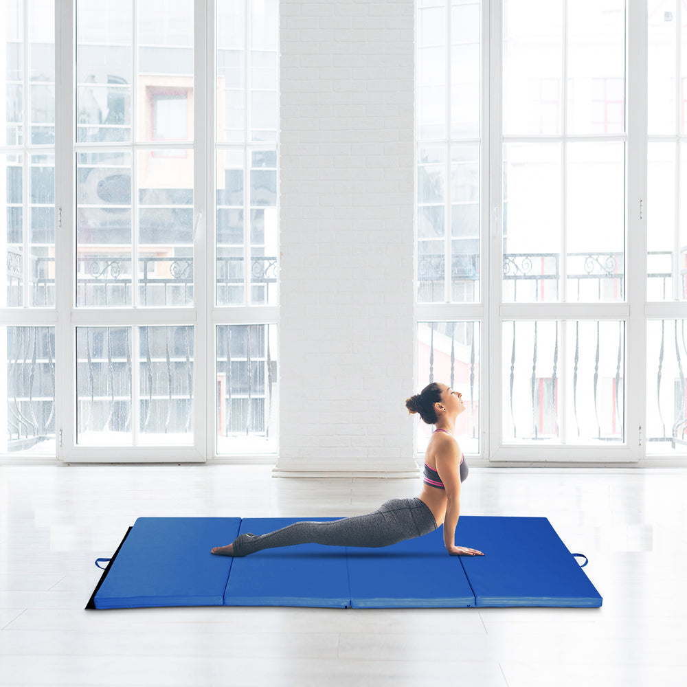 Tapis de gymnastique pliable 1,22 m x 2,42 m x 5 cm, avec poignées de transport, pour yoga, MMA, arts martiaux, étirements et exercices de base, bleu foncé