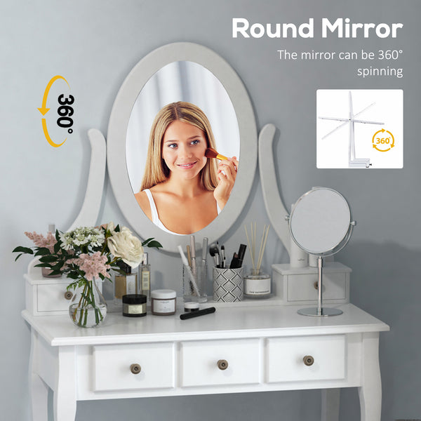 Coiffeuse en bois avec miroir rotatif à 360°, 5 tiroirs et tabouret rembourré, blanc