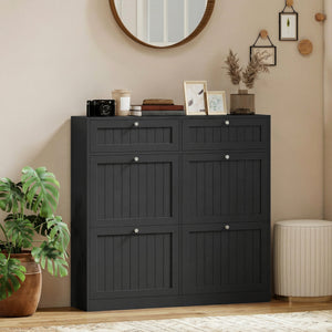 Shoe cabinet with 2 large tilt-out drawers in country style with 2 top compartments, black