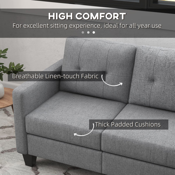 Canapé d'angle 3 places avec pouf, coussin épais et pieds en bois, gris clair