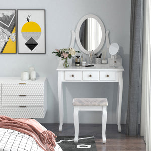 Coiffeuse en bois avec miroir rotatif à 360°, 5 tiroirs et tabouret rembourré, blanc