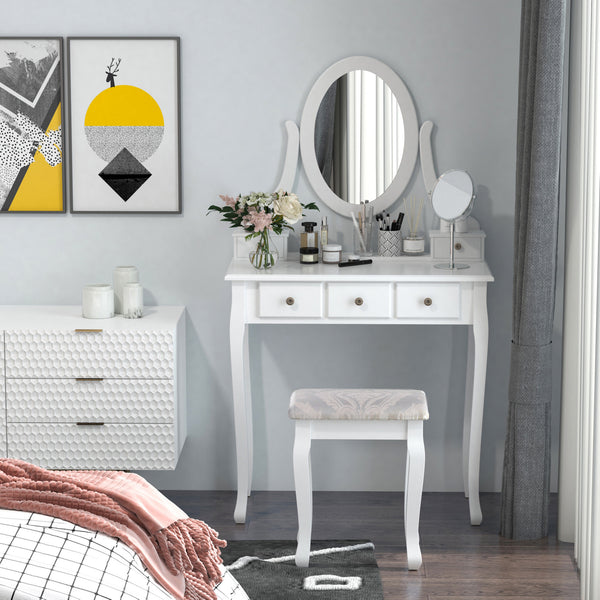 Coiffeuse en bois avec miroir rotatif à 360°, 5 tiroirs et tabouret rembourré, blanc