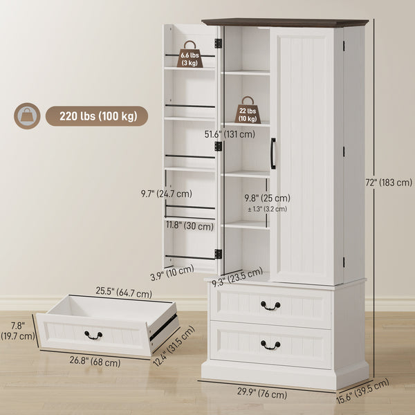 Buffet avec 10 étagères de porte, 2 tiroirs et étagères réglables, blanc