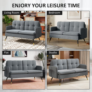 Two-seater corduroy sofa with springs, steel legs and tufting, dark gray