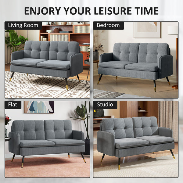Two-seater corduroy sofa with springs, steel legs and tufting, dark gray