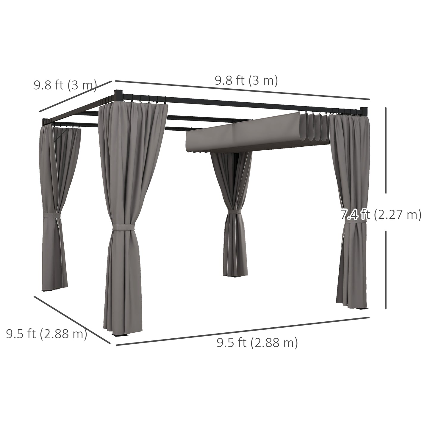 Pergola rétractable 10' x 10', abri de jardin avec rideaux, gris clair