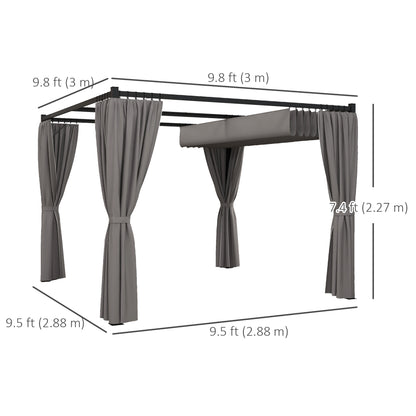 Pergola rétractable 10' x 10', abri de jardin avec rideaux, gris clair