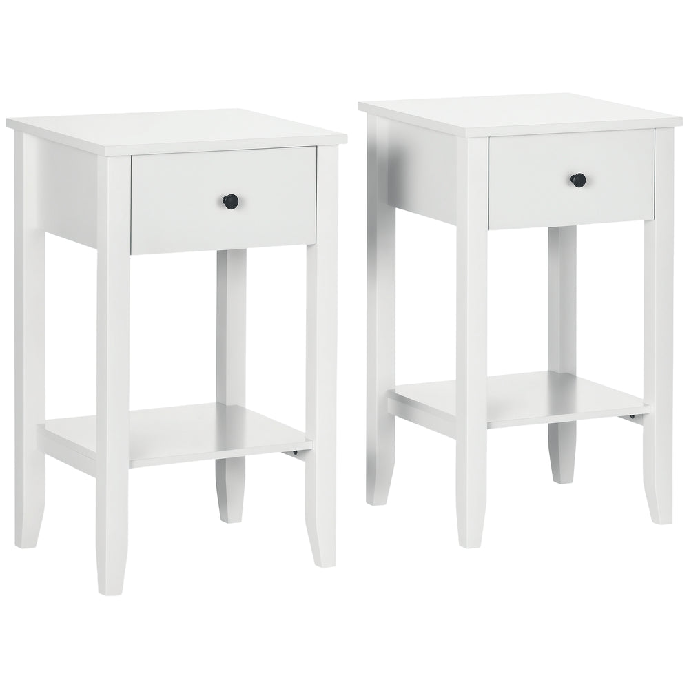 Lot de 2 tables d'appoint avec tiroir et étagère inférieure, blanc