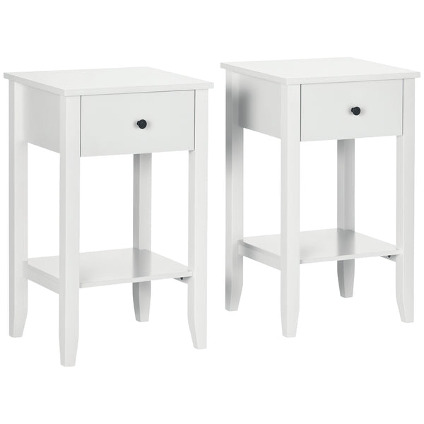 Lot de 2 tables d'appoint avec tiroir et étagère inférieure, blanc
