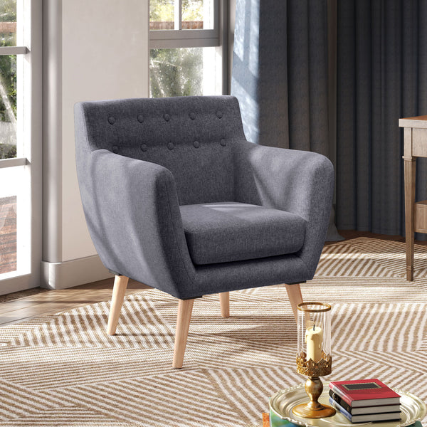 Fauteuil d'appoint en lin avec structure en bois et rembourrage épais, gris foncé