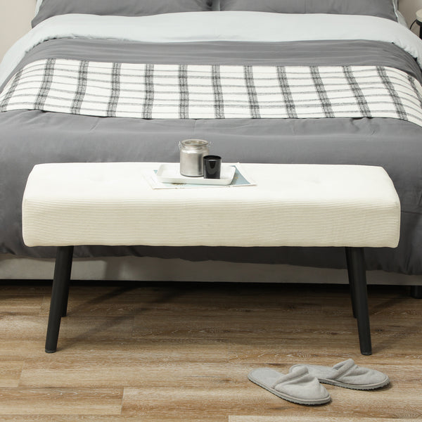 Banc ottoman rembourré en velours côtelé avec pieds en acier, blanc crème