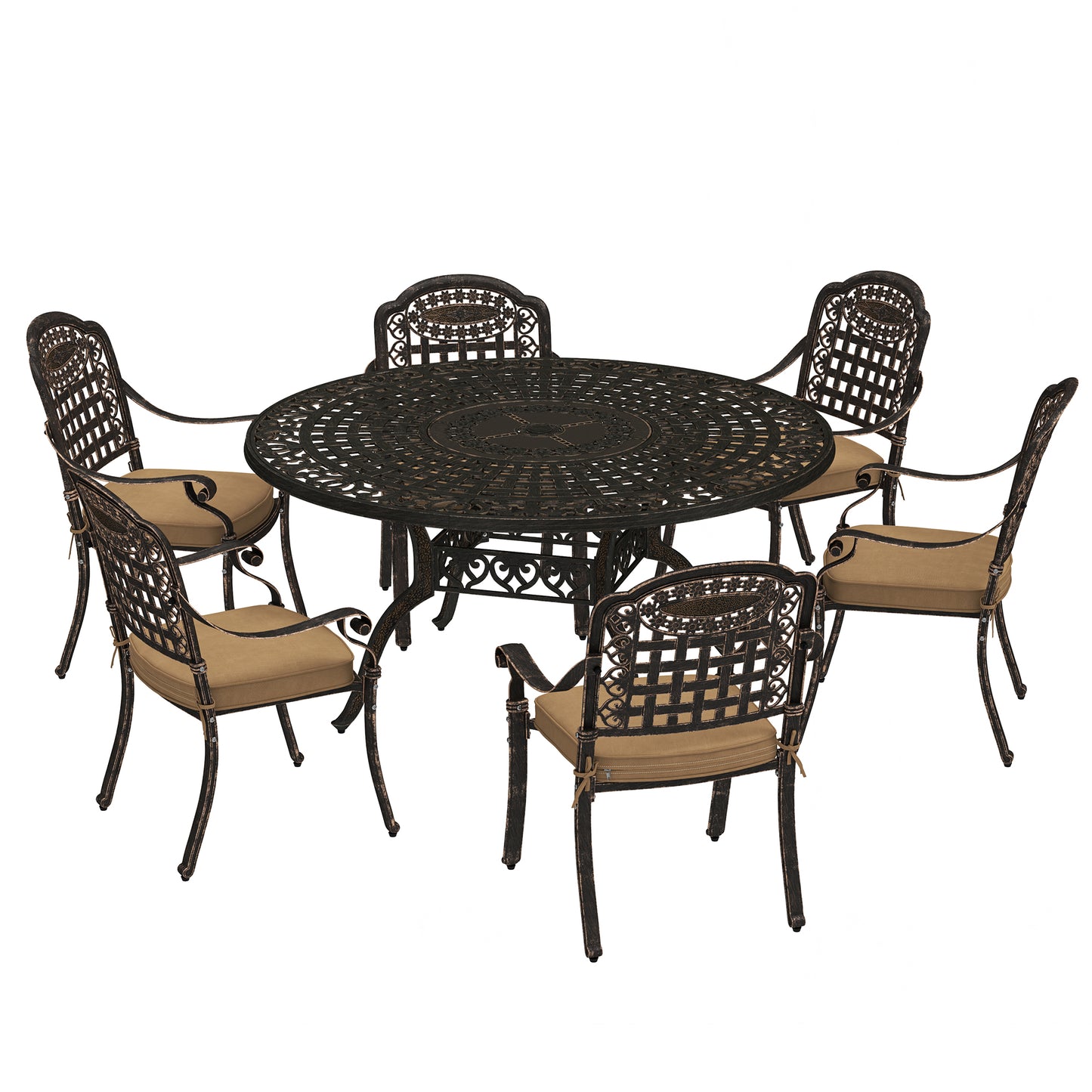 7 Piece Outdoor Dining Set for 6, Aluminum Patio Table and Chairs with Umbrella Hole and Cushions, Bronze