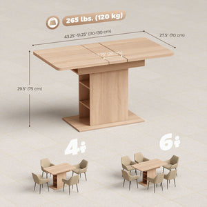 Table de salle à manger extensible pour 4 à 6 personnes avec 6 étagères ouvertes, en bois naturel.