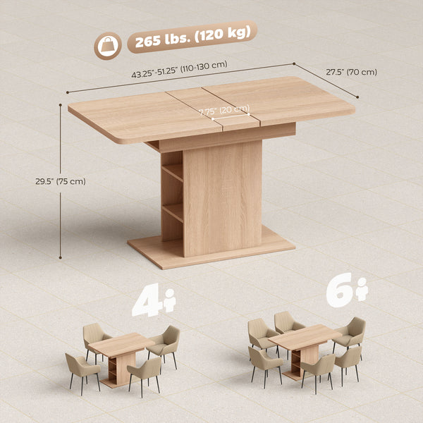 Table de salle à manger extensible pour 4 à 6 personnes avec 6 étagères ouvertes, en bois naturel.