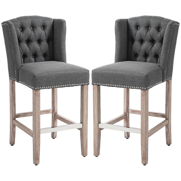 Set of 2 upholstered bar stools with studded backrest and footrest, dark grey