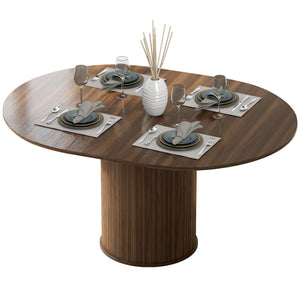 Table de cuisine extensiblepour 6 à 8 personnes style ferme, avec pied central et finition noyer.