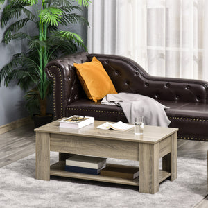 Table basse relevable avec compartiment de rangement dissimulé et étagère ouverte, gris