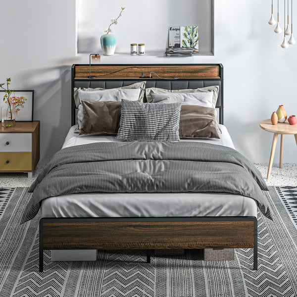Cadre de lit Queen Size avec station de charge, tête de lit rembourrée et étagère de rangement, noyer