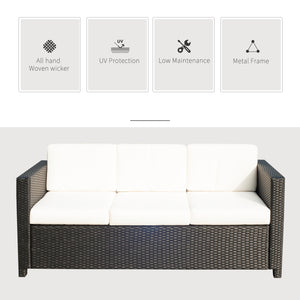 Canapé 3 places en rotin et osier, mobilier de jardin extérieur avec coussin, blanc crème