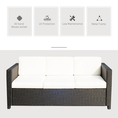 Outsunny Deluxe Canapé 3 places en rotin et osier, mobilier de jardin extérieur avec coussin, blanc crème