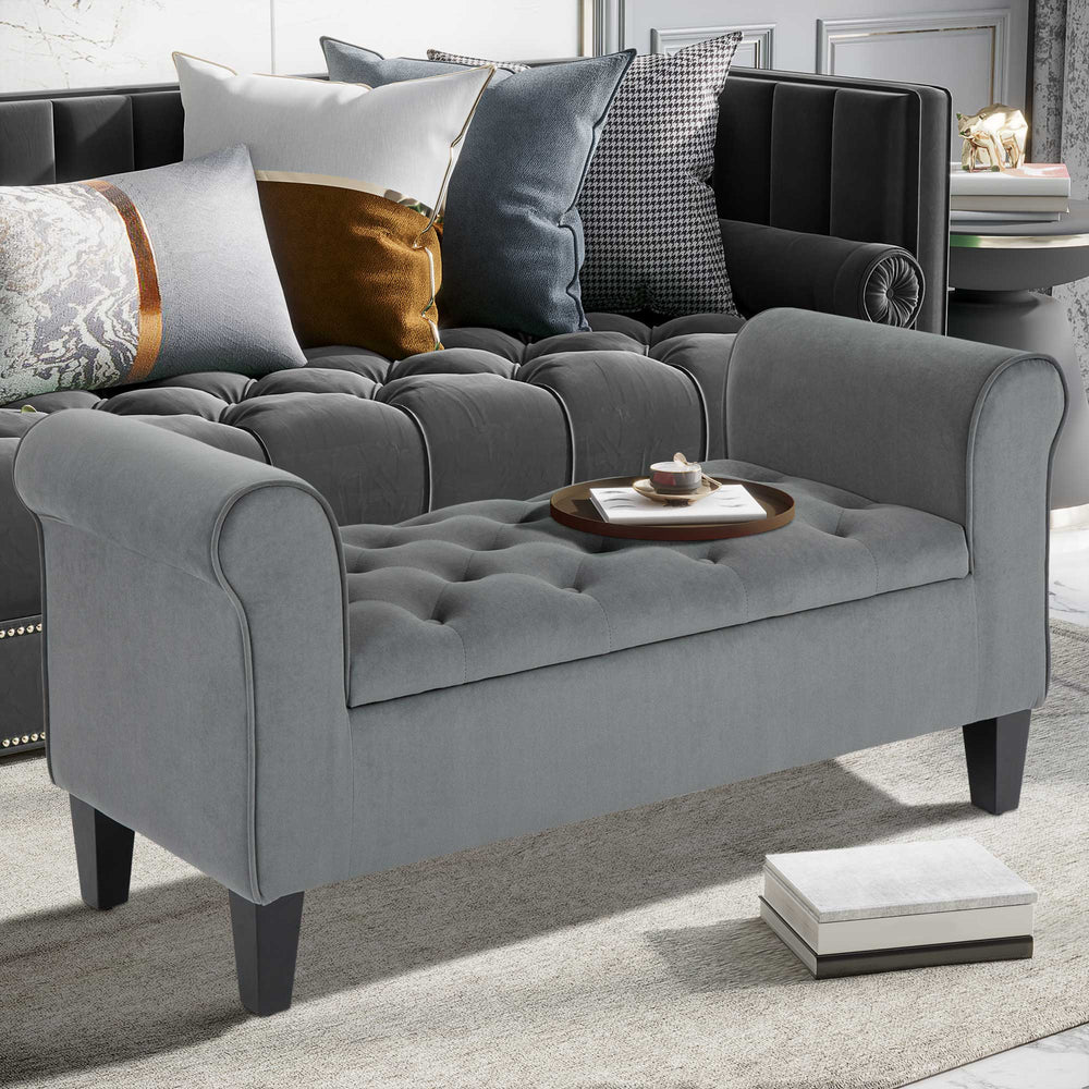 Banc ottoman de rangement capitonné à bouton, gris