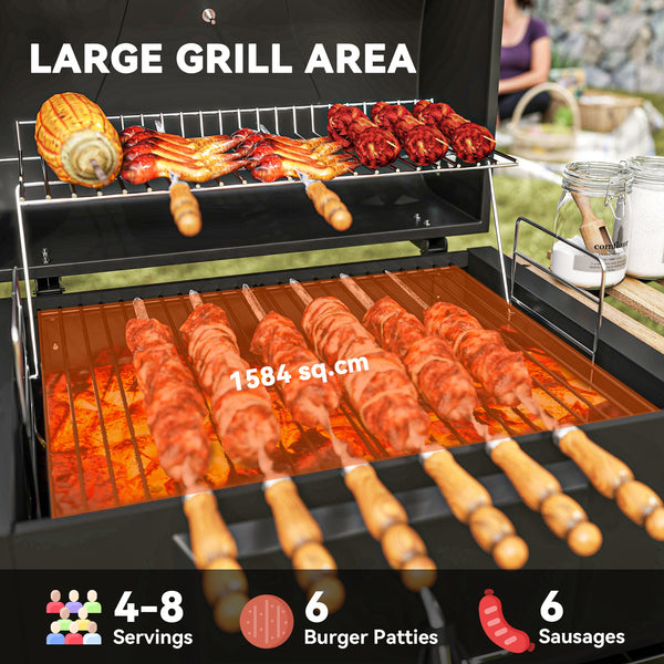 Barbecue au charbon de bois sur roulettes avec bac à charbon réglable, grande surface de cuisson, 3 étagères et thermomètre