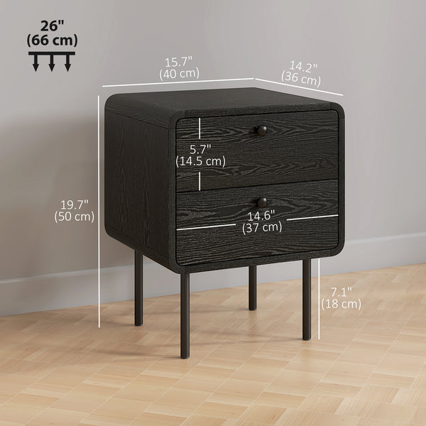 Set of 2 bedside tables with 2 storage drawers and steel legs, black wood finish.