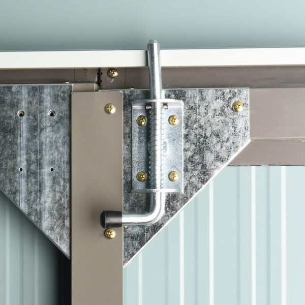 Abri de jardin en métal avec porte verrouillable, aérations, toit incliné, gris clair