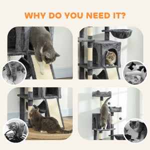 178cm Multi-Level Cat Tree with 2 Cabins, 2 Perches, Hammock, Play Balls, Dark Grey