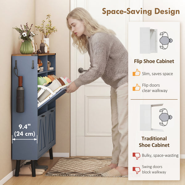 Shoe cabinet with 4 tip-out drawers, country style, narrow, holds up to 24 pairs, blue