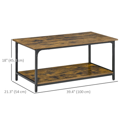 Table basse industrielle avec étagère de rangement pour salon, marron rustique
