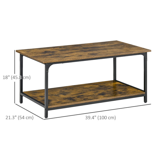 Table basse industrielle avec étagère de rangement à 2 niveaux, marron rustique