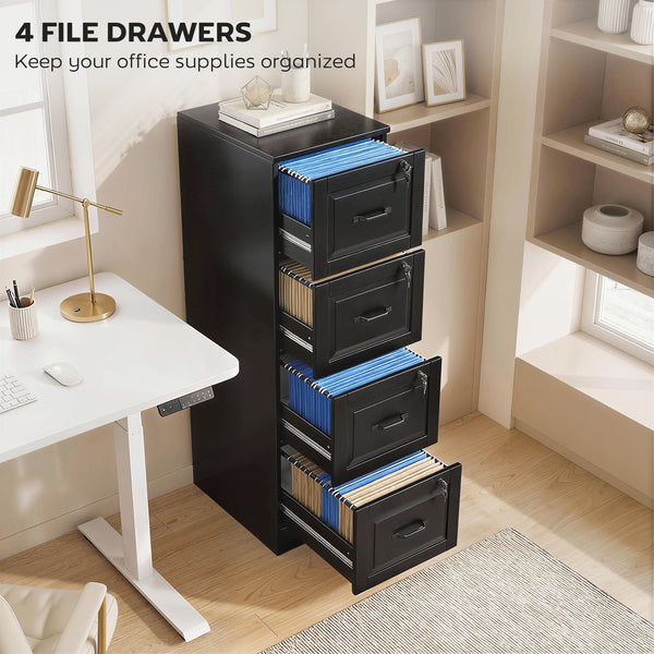 4-drawer vertical filing cabinet with lock, equipped with adjustable hanging rails for A4 and Letter sizes, black.