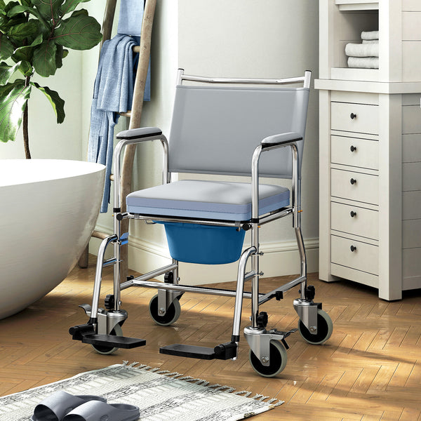 Chaise de douche 4 en 1 sur roulettes avec siège rembourré et seau – Gris