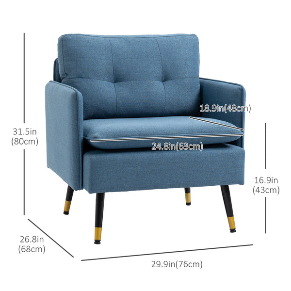 Fauteuil d'appoint moderne rembourré avec dossier capitonné et pieds en acier, bleu
