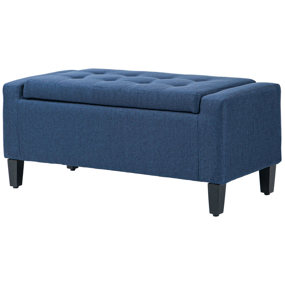 Banc ottoman de rangement rembourré en lin avec motif capitonné, bleu foncé