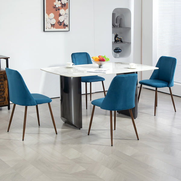 Set of 4 velvet upholstered chairs with wood-effect steel legs, dark blue