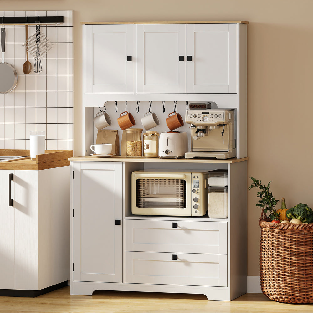 Meuble de cuisine avec 3 placards, 2 tiroirs, étagères réglables et support pour micro-ondes, blanc