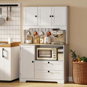 Kitchen Pantry Cabinet, 64" Tall Kitchen Hutch with 3 Cabinets, 2 Drawers, Adjustable Shelves, Microwave Stand, White