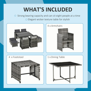 Ensemble de salle à manger d'extérieur 9 pièces en résine tressée, gris