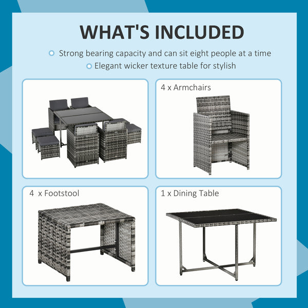 Ensemble de salle à manger d'extérieur 9 pièces en résine tressée, gris